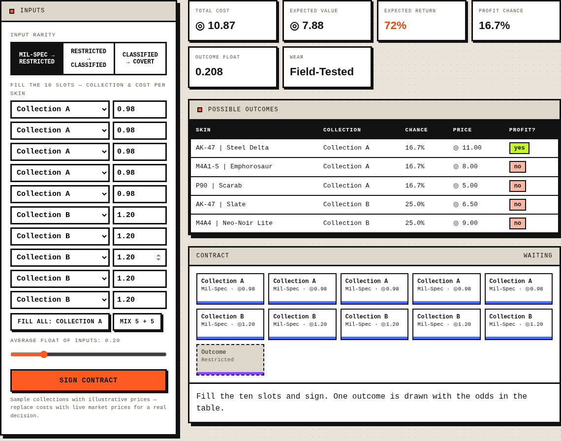 Trade up contract simulator — outcomes and float