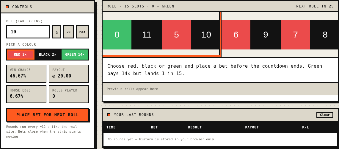 Roll simulator — 15-slot wheel with countdown